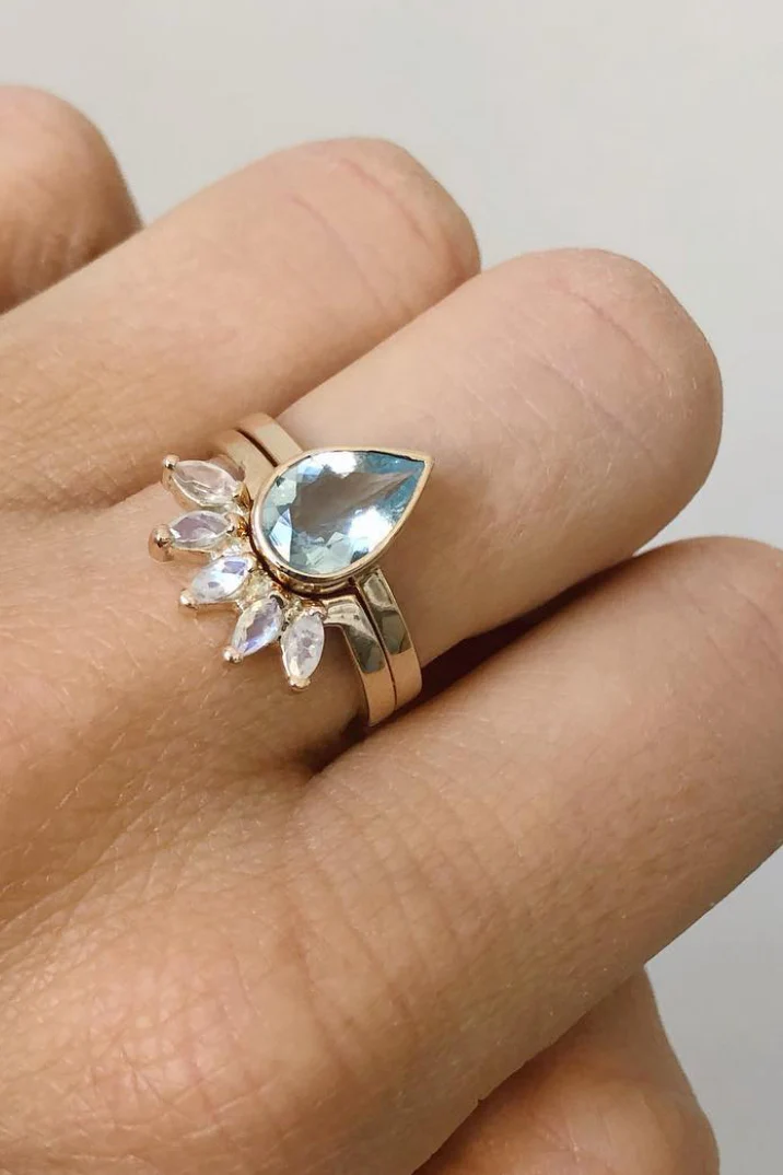 9K Yellow Gold Aquamarine Tear Drop Ring - Image 4