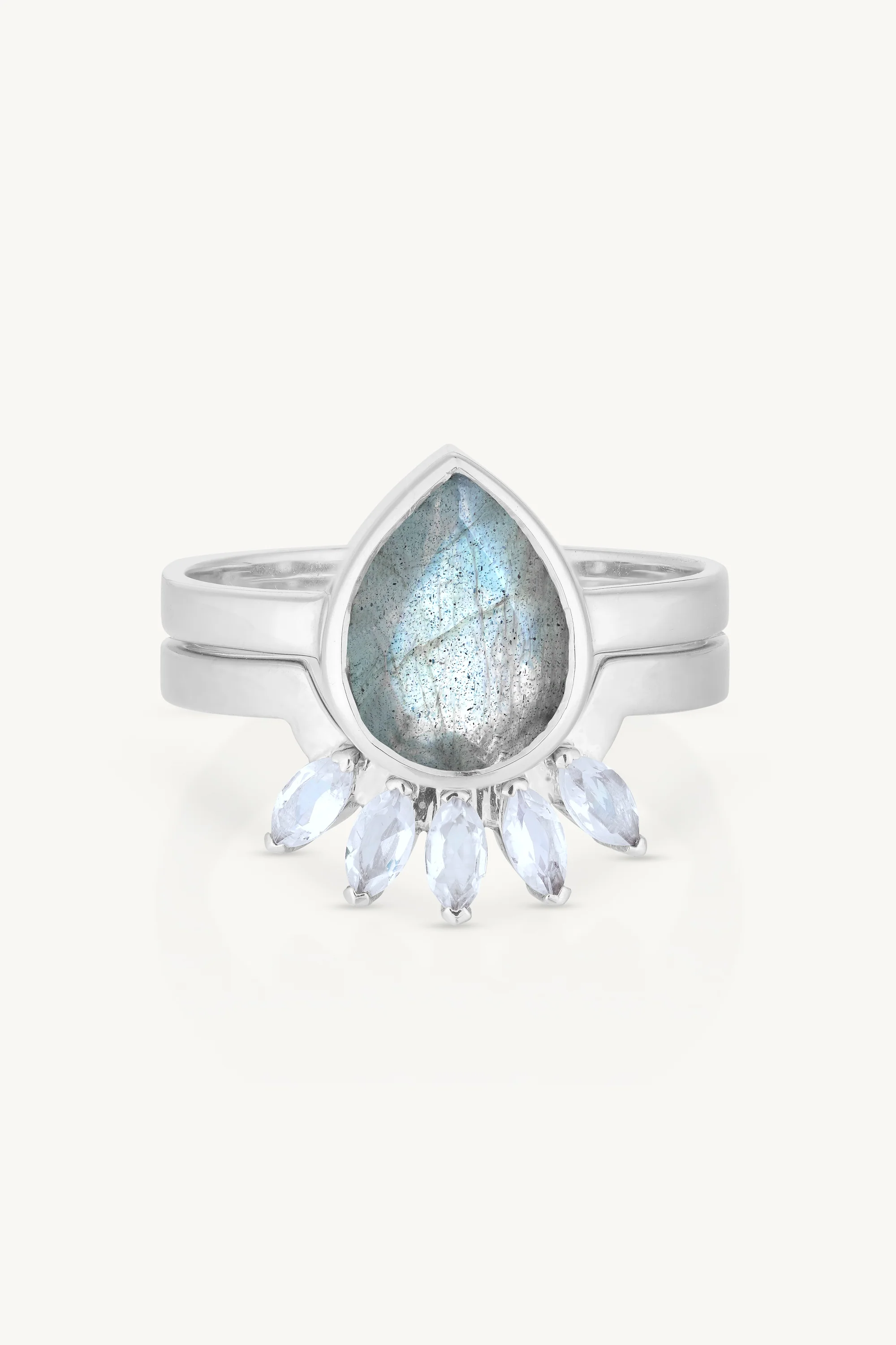 9K White Gold Labradorite Tear Drop Ring - Image 4